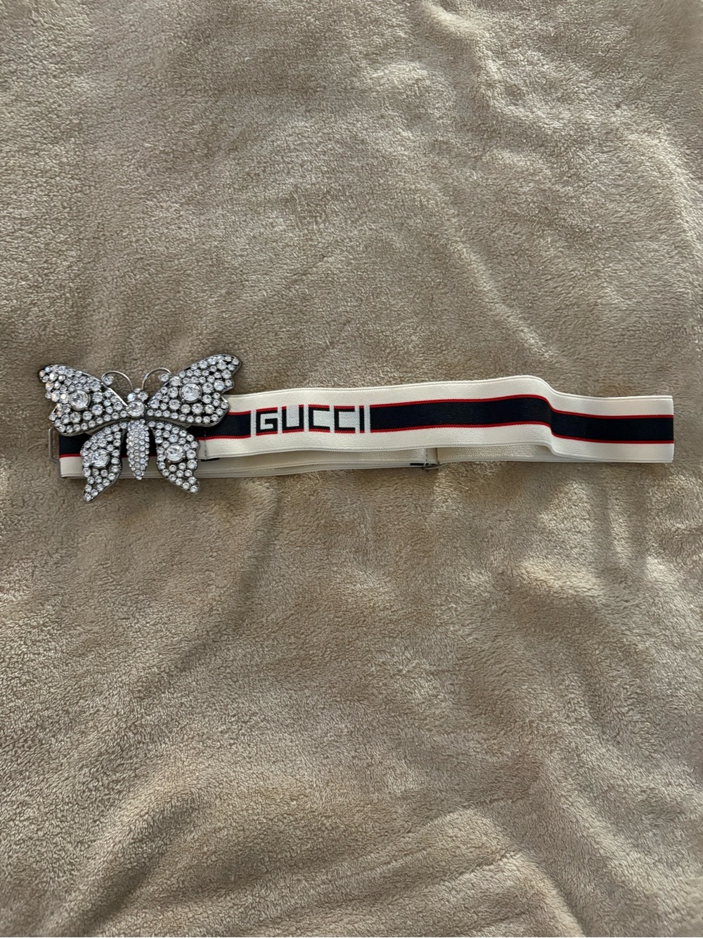GUCCI White Elastic Web Belt with Crystal Butterfly Buckle
